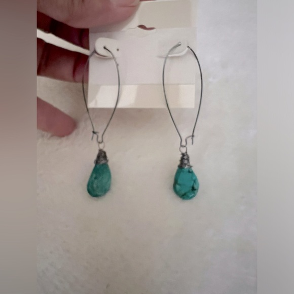 Long Turquoise Dangle Gunmetal Wire Wrapped Earrings - Picture 4 of 4